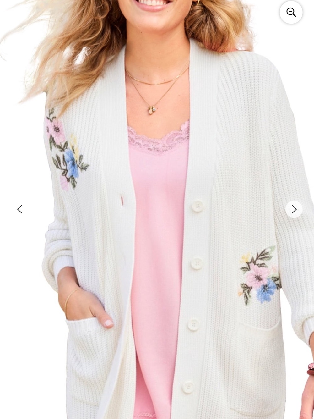 Woman Within Cream Button-Front Cardigan with Pink & Blue Floral Embroidery